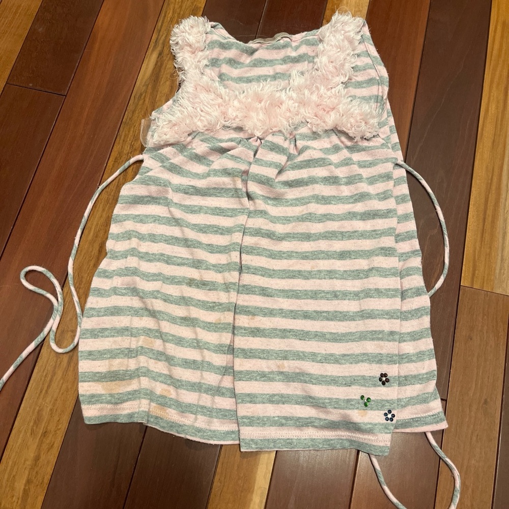 Pink & Mint Striped Sleeveless Dress with Fuzzy Trim